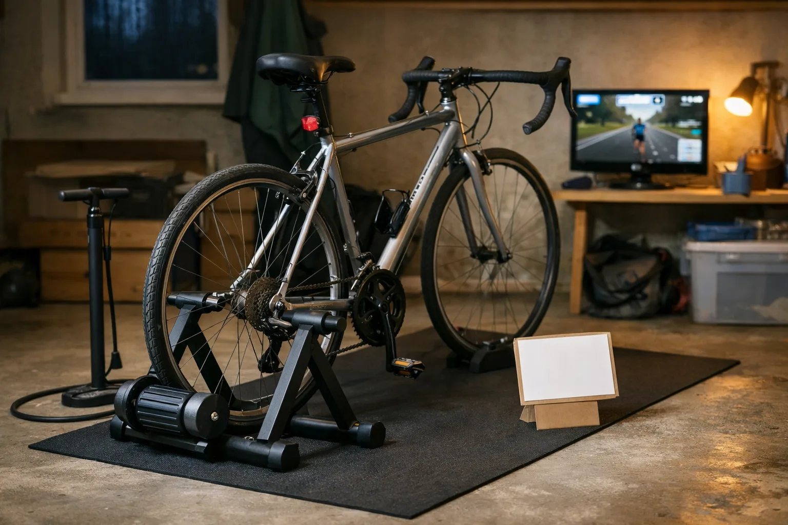En begagnad cykel står på en enkel hjulmonterad trainer intill en prislapp utan text, träningsmatta och pump i ett vardagligt garage.