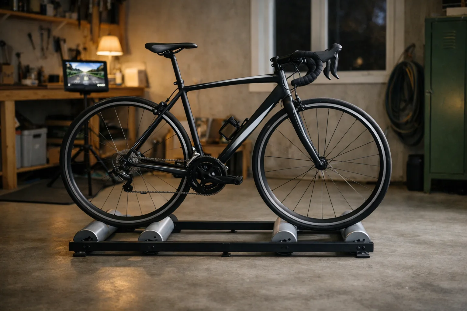 En landsvägscykel balanserar på tre cylindriska träningsrullar i ett rymligt garage, fotograferad från sidan med fri yta runt hjulen.