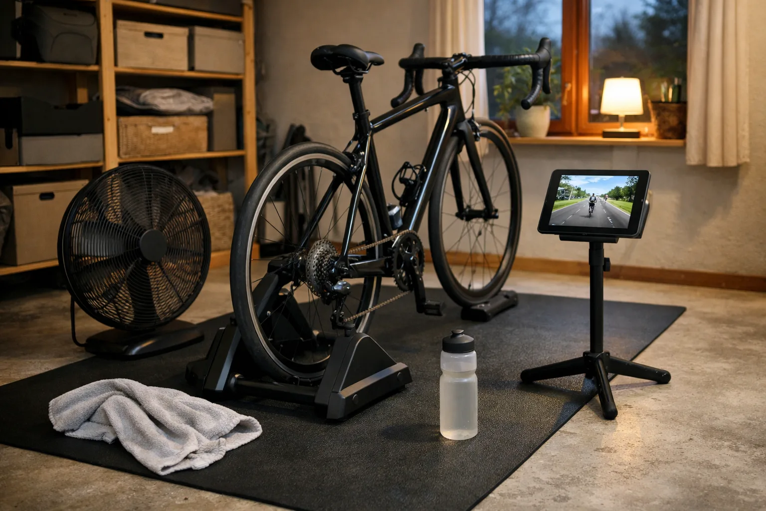 En träningsmatta, golvfläkt, handduk, vattenflaska och surfplatteställ står runt en cykel monterad på trainer i ett litet hemmagym.
