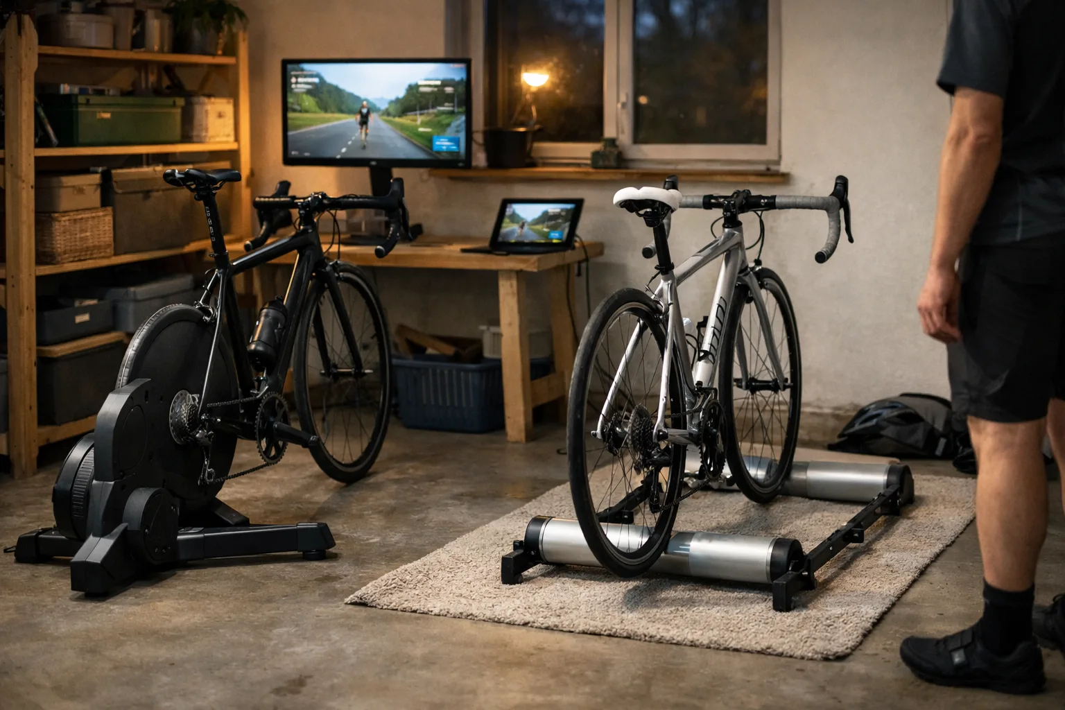 Elite-trainers och rullar uppställda i ett hemmagym med en cykel på golvet.