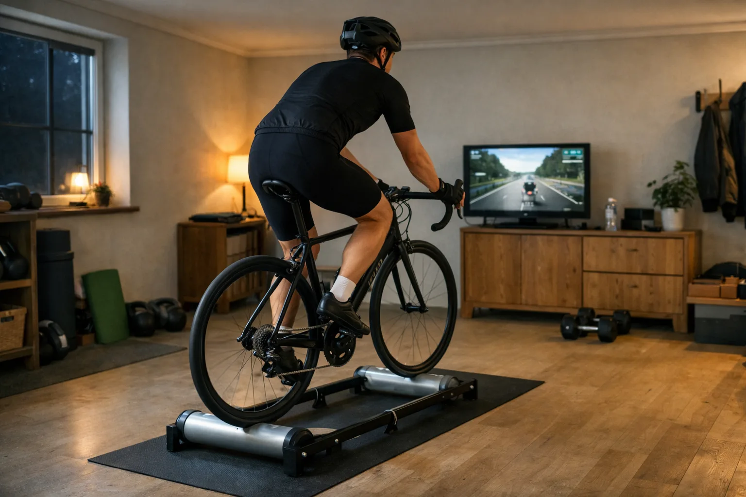 Cyklist på fria rullar i ett vardagsrum med Zwift på tv:n