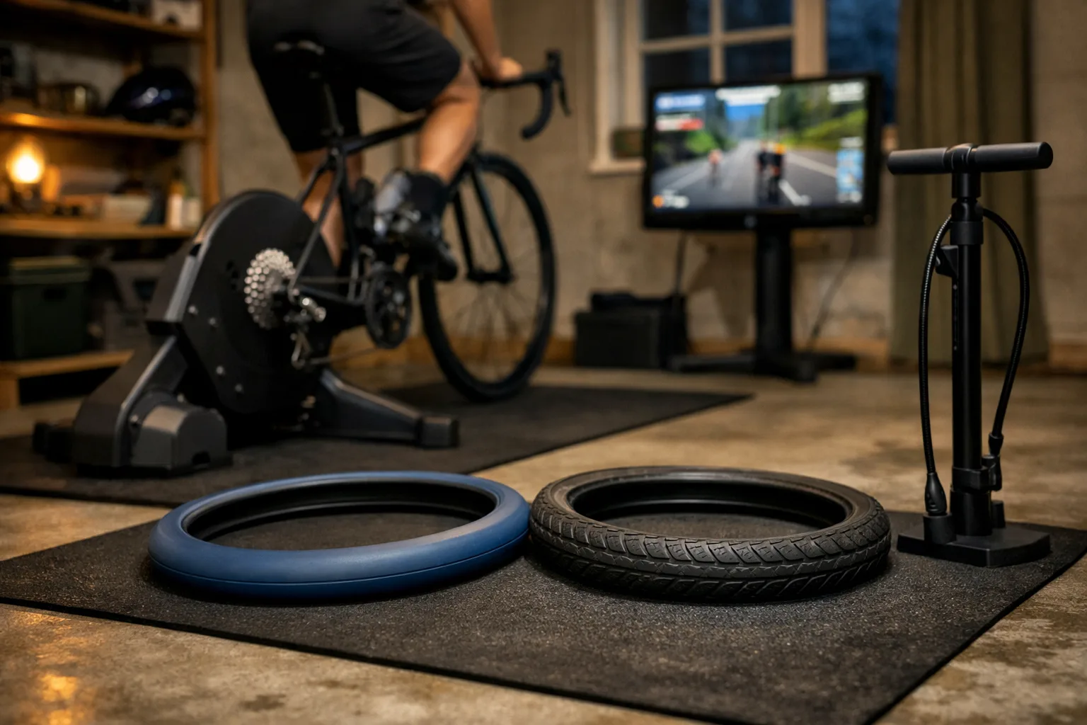 Blått trainerdäck och ett vanligt däck med mönster på en matta vid en trainer