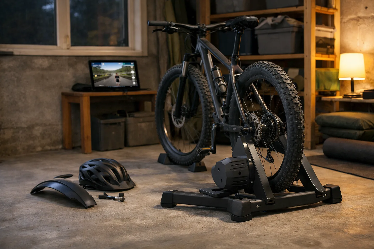 Mountainbike fastspänd i en direktdriven trainer inomhus