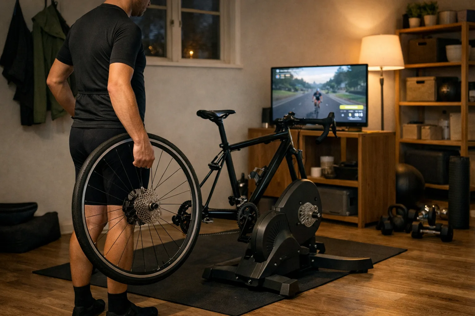 En cyklist håller bakhjulet i handen medan cykeln står fastspänd i en direktdriven trainer framför en tv med träningsapp.