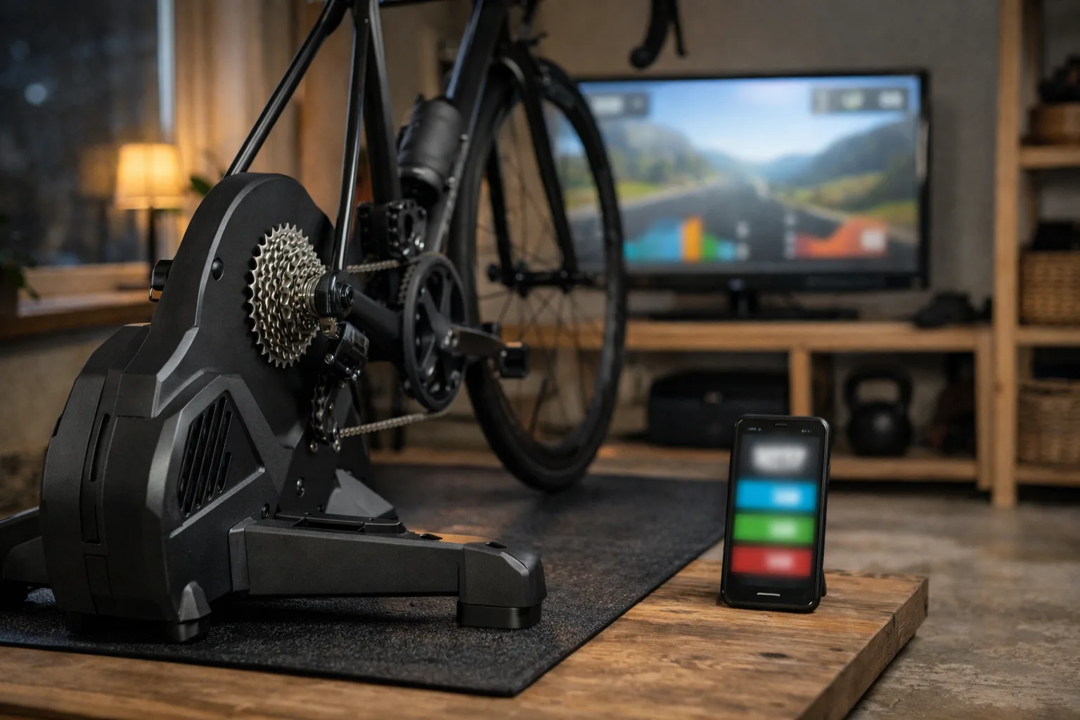 En direktdriven Elite-trainer med kassett och cykel monterad i bakgaffeln framför en skärm med träningsapp.