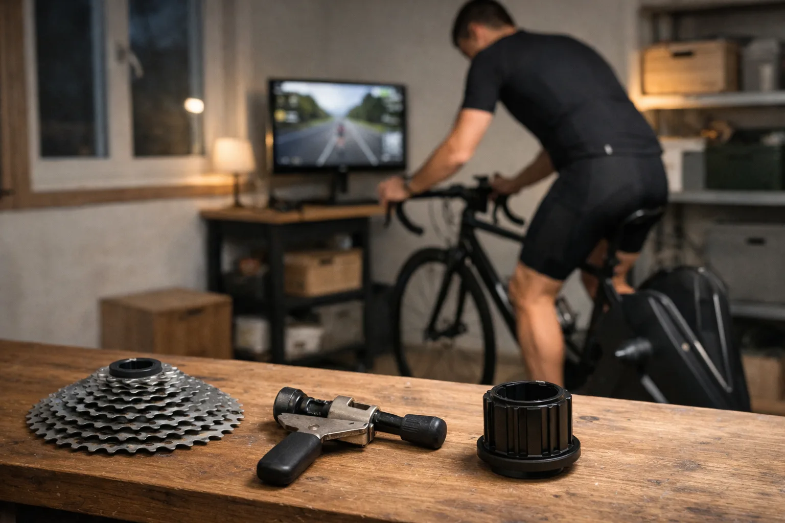 En cyklist ställer in en Elite-trainer med bakhjulet borttaget inför ett pass framför en skärm.