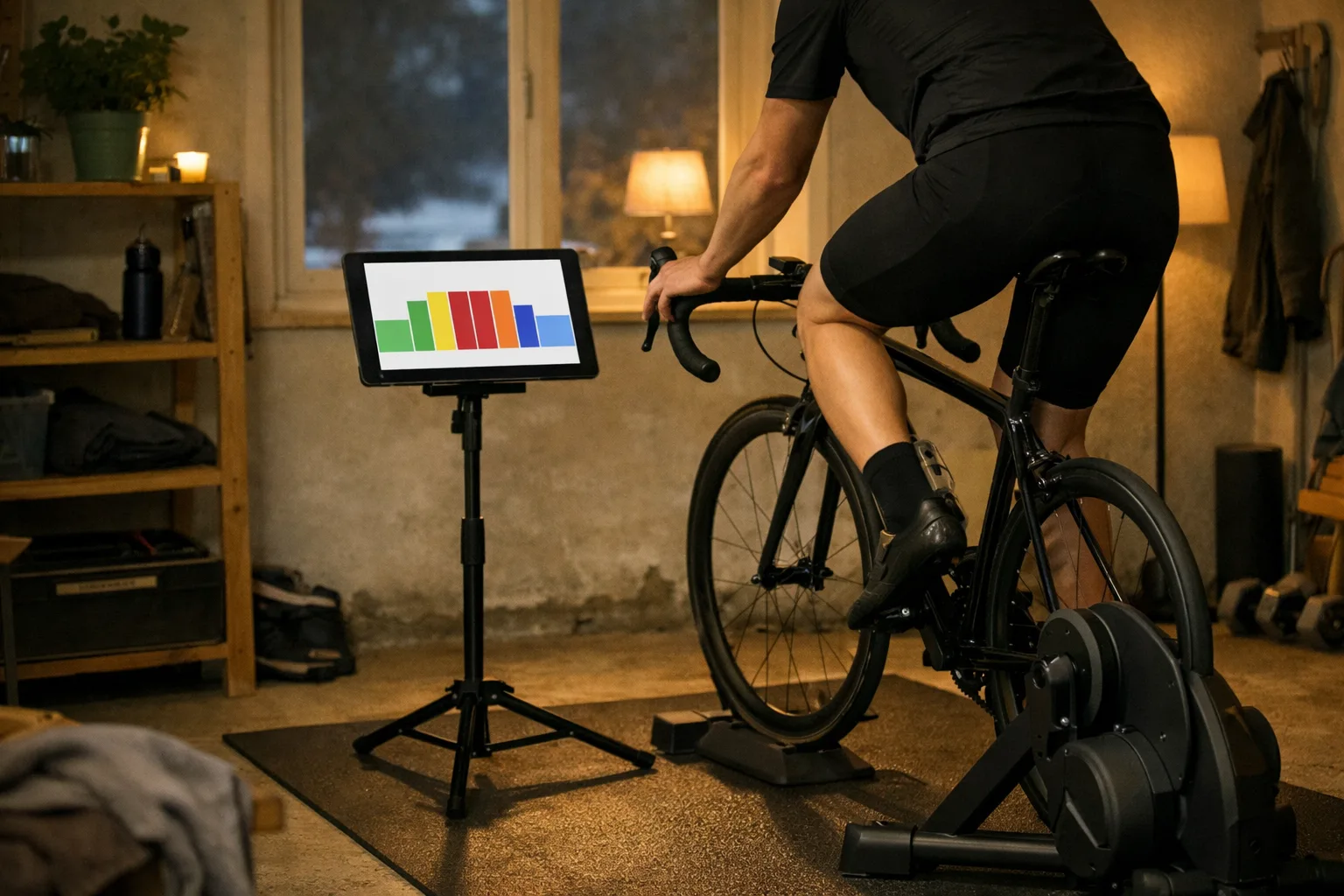 Cykel monterad på en smart trainer framför en skärm med träningsapp.