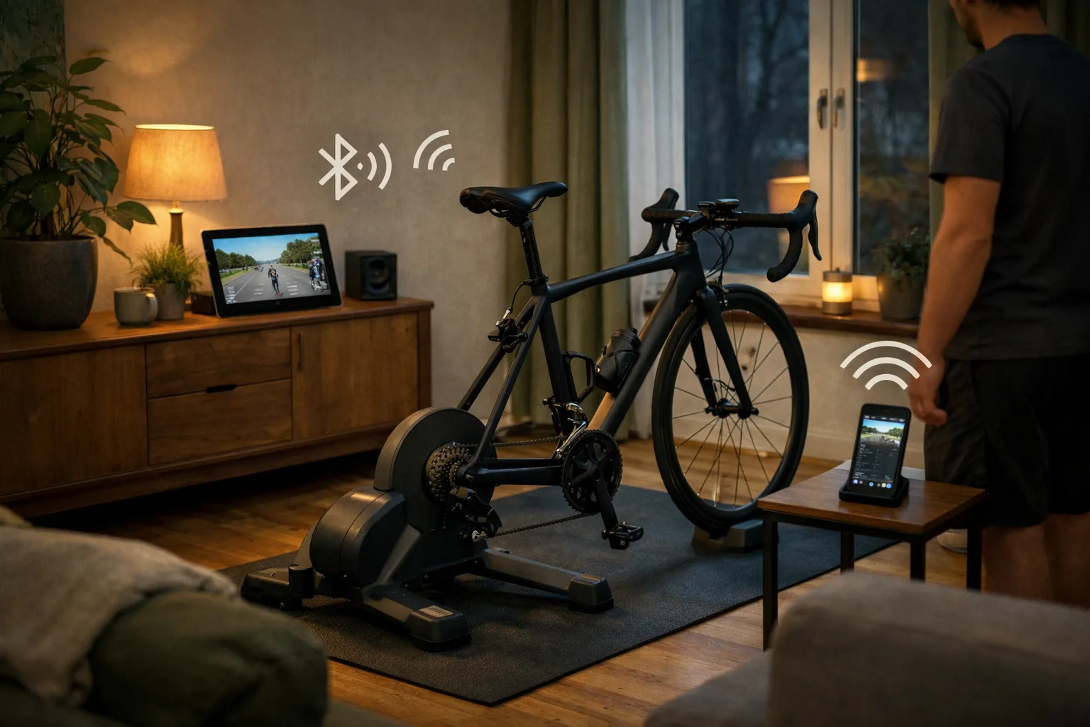 Cykel på en trainer i ett vardagsrum, med en surfplatta och en mobil som visar träningsappen och Bluetooth-symboler i luften.