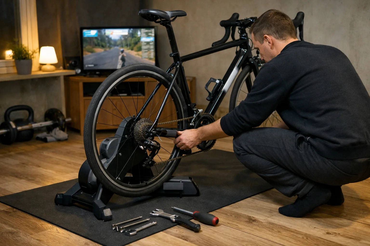 Cykel fastspänd i en direktdriven trainer med bakhjulet borttaget