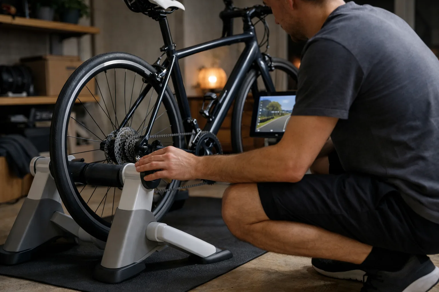 En cykel med bakhjulet kvar är fastspänd på en hjulmonterad trainer medan en person kontrollerar att däcket ligger jämnt mot rullen.
