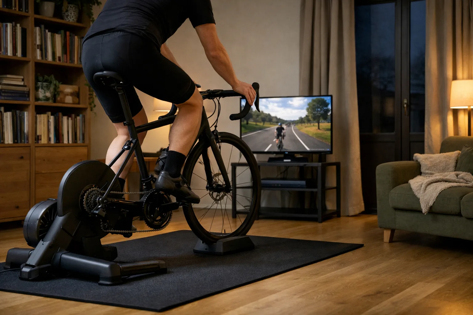 Cykel på en trainer och en matta i ett vardagsrum i en lägenhet.