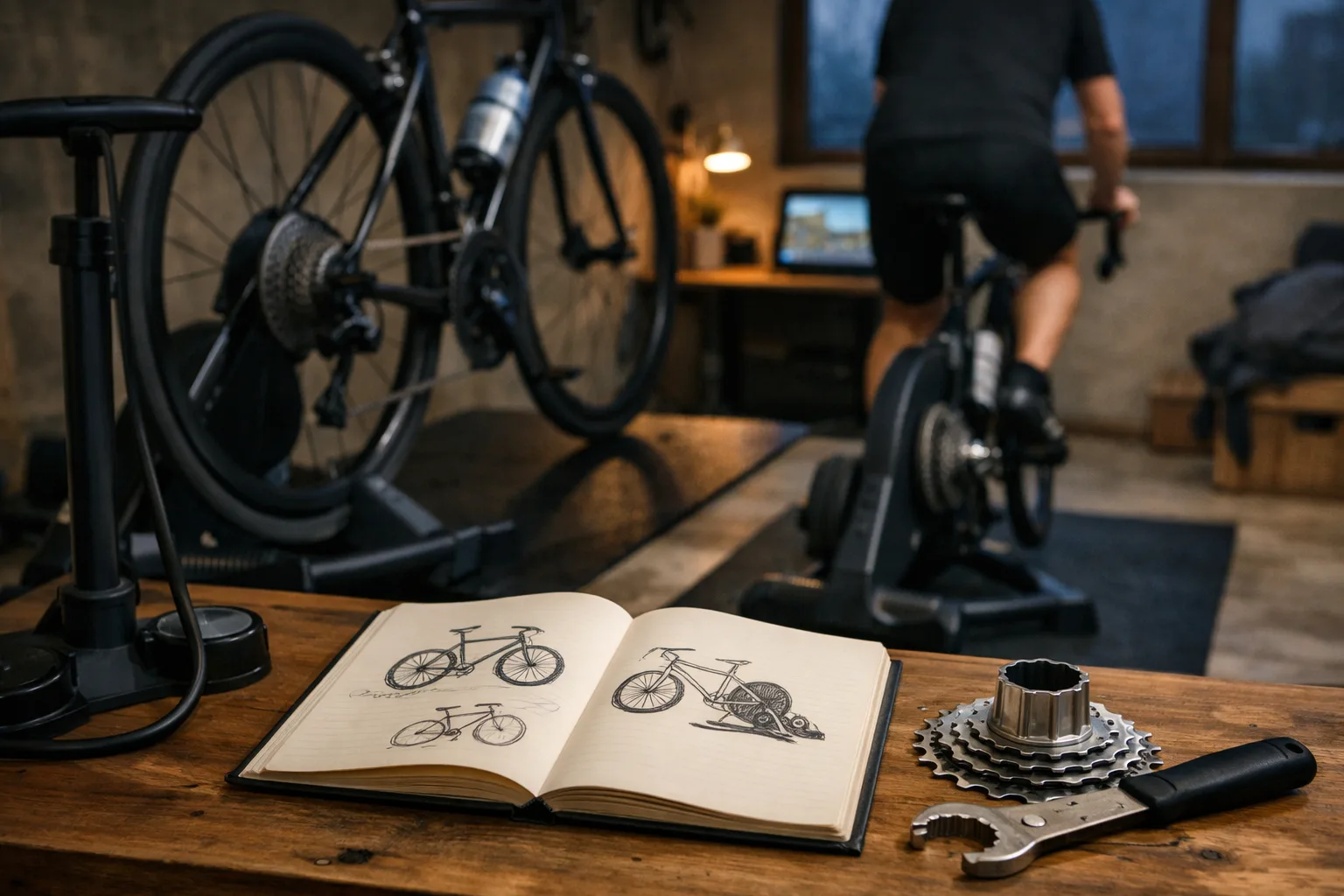 En öppen anteckningsbok med enkla cykelskisser ligger bredvid en monterad trainer, pump och kassettverktyg på ett bord i hemmagymmet.