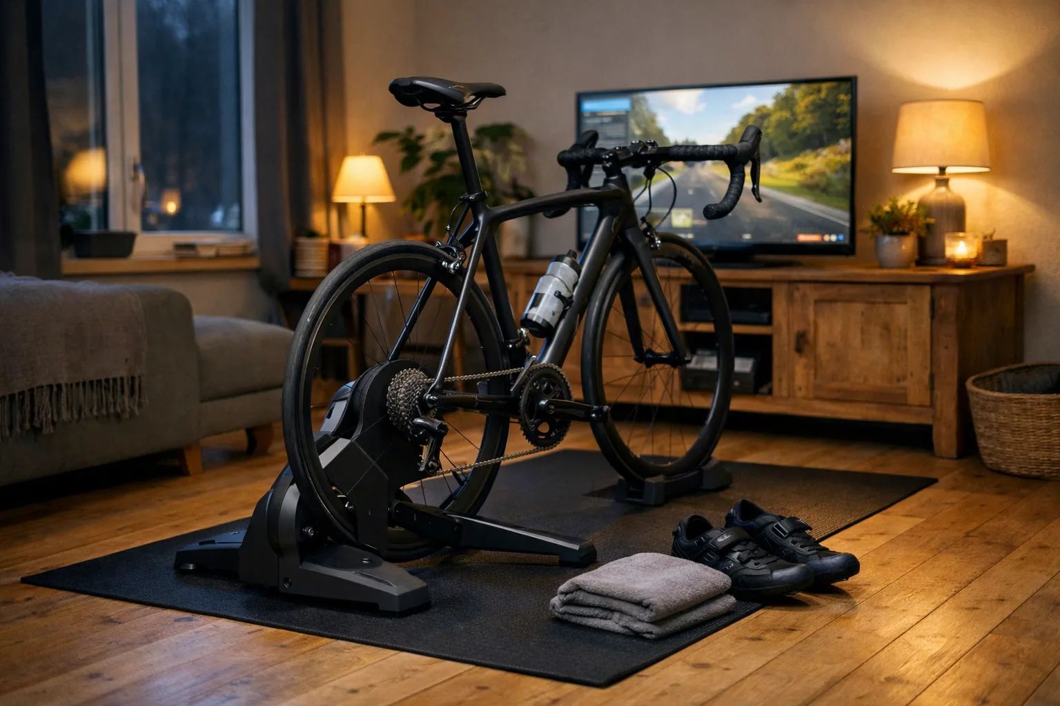 En komplett landsvägscykel sitter stadigt monterad på en generisk direktdriven trainer i ett svenskt vardagsrum, med träningsskor och hopvikt handduk bredvid.
