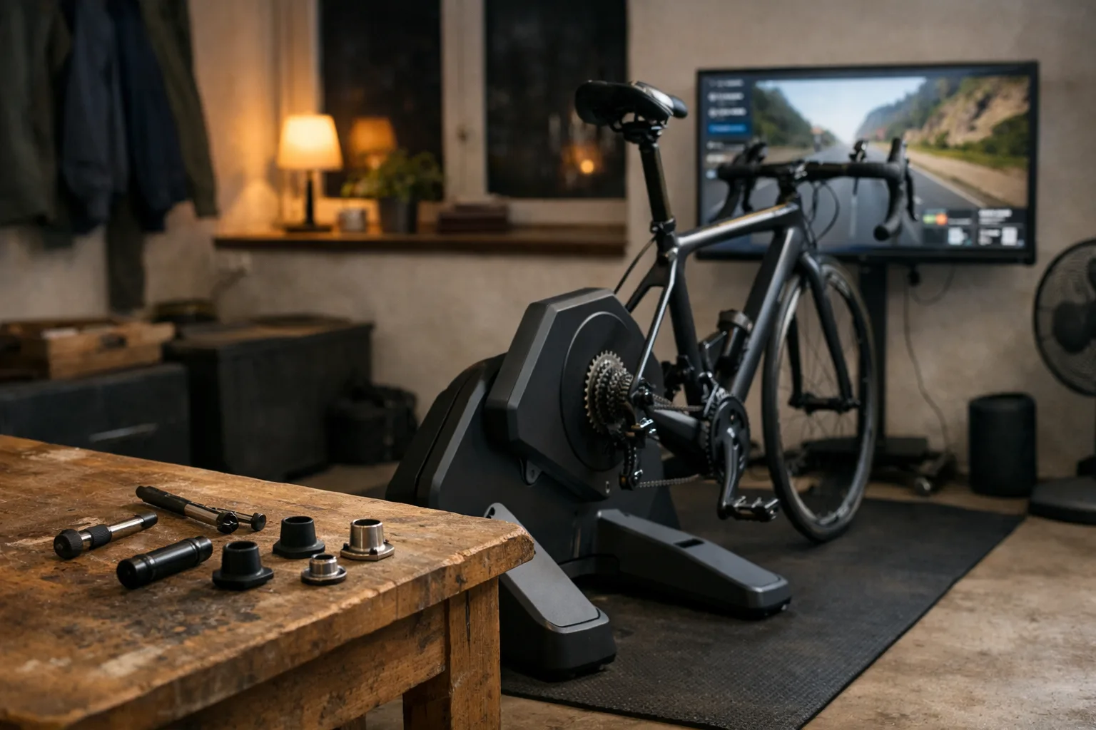 En cykel med bakhjulet avtaget står intill en neutral trainer och lösa adaptrar på en arbetsbänk, redo för kontroll av passning.
