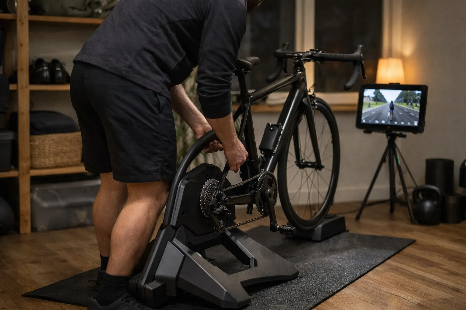 En cykel är monterad på en generisk direktdriven trainer och en person kontrollerar bakaxeln innan ett träningspass i ett välordnat rum.