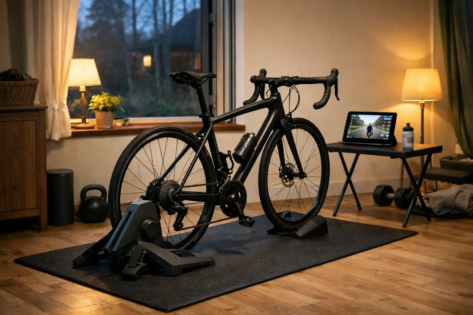 En cykel på en kompakt trainer vid ett öppet fönster med en surfplatta på ett bord.