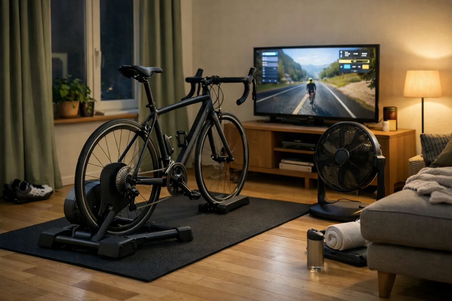 En cykel på en stabil trainer står bredvid en låg vibrationsmatta och fläkt i en lägenhet, med lugn neutral inredning och inga märken.