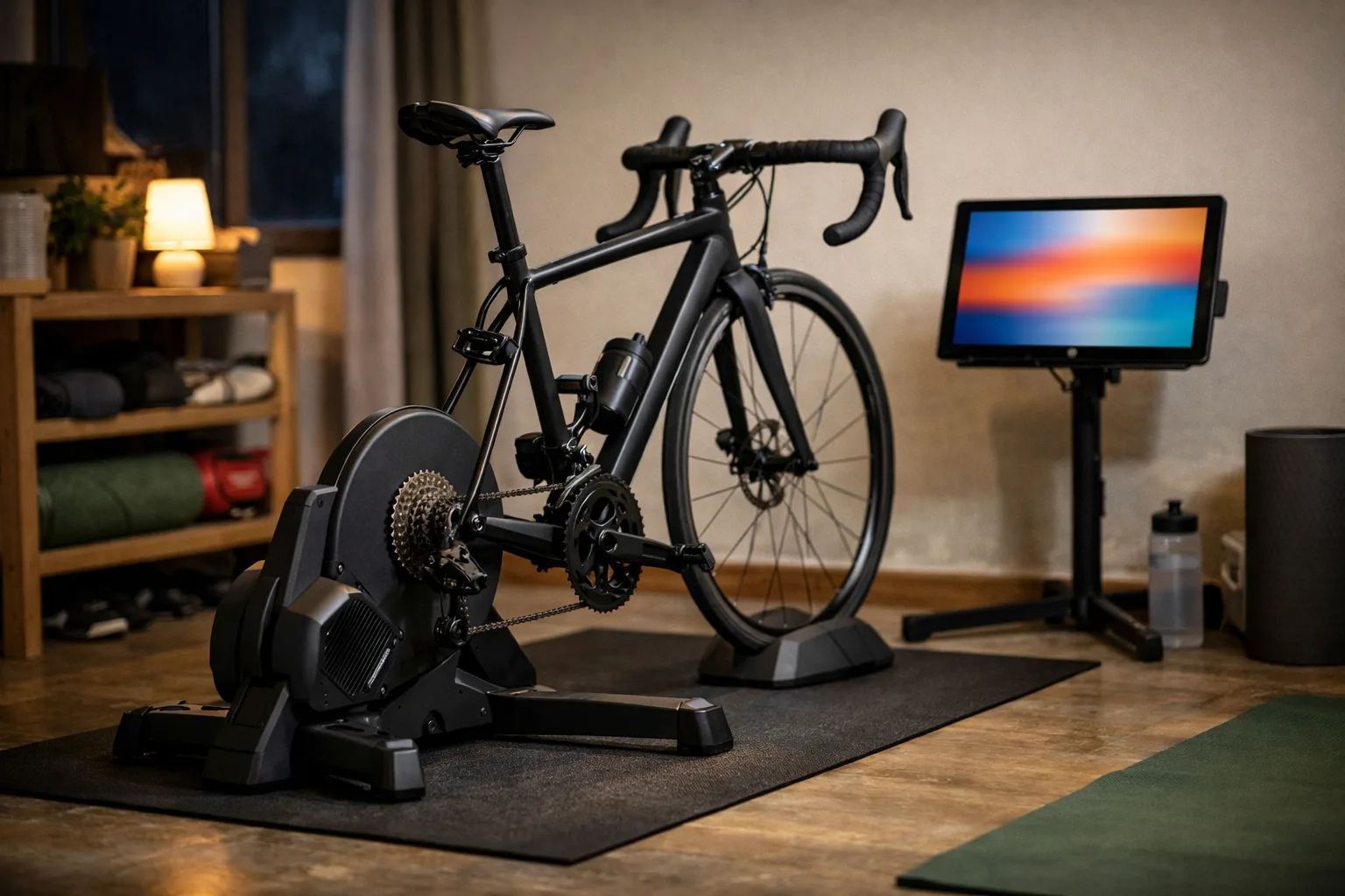 En cykel monterad på en tyst direktdriven trainer står framför en surfplatta med abstrakta färgfält, utan läsbar text eller igenkännbara gränssnitt.